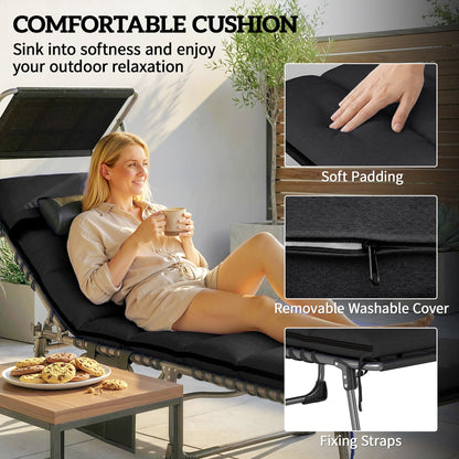 Folding Sun Loungers Set of 2 with Canopy, Reclining Sunbed with Cushion, Side Pocket, Carrying Handle, Black