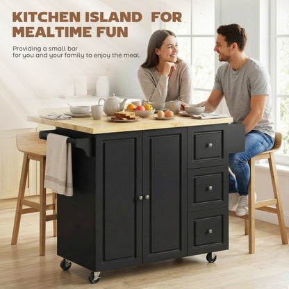 Kitchen Island on Wheels, Rolling Kitchen Storage Trolley with Drop Leaf, Drawers, Towel and Spice Rack, Black