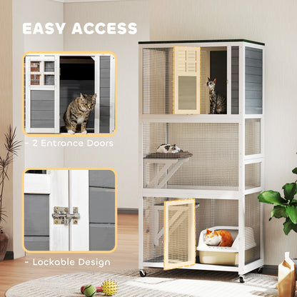 Wooden Catio Cat Outdoor Enclosure, Cat Cage with Waterproof Roof, Platforms, for Multiple Cats, White