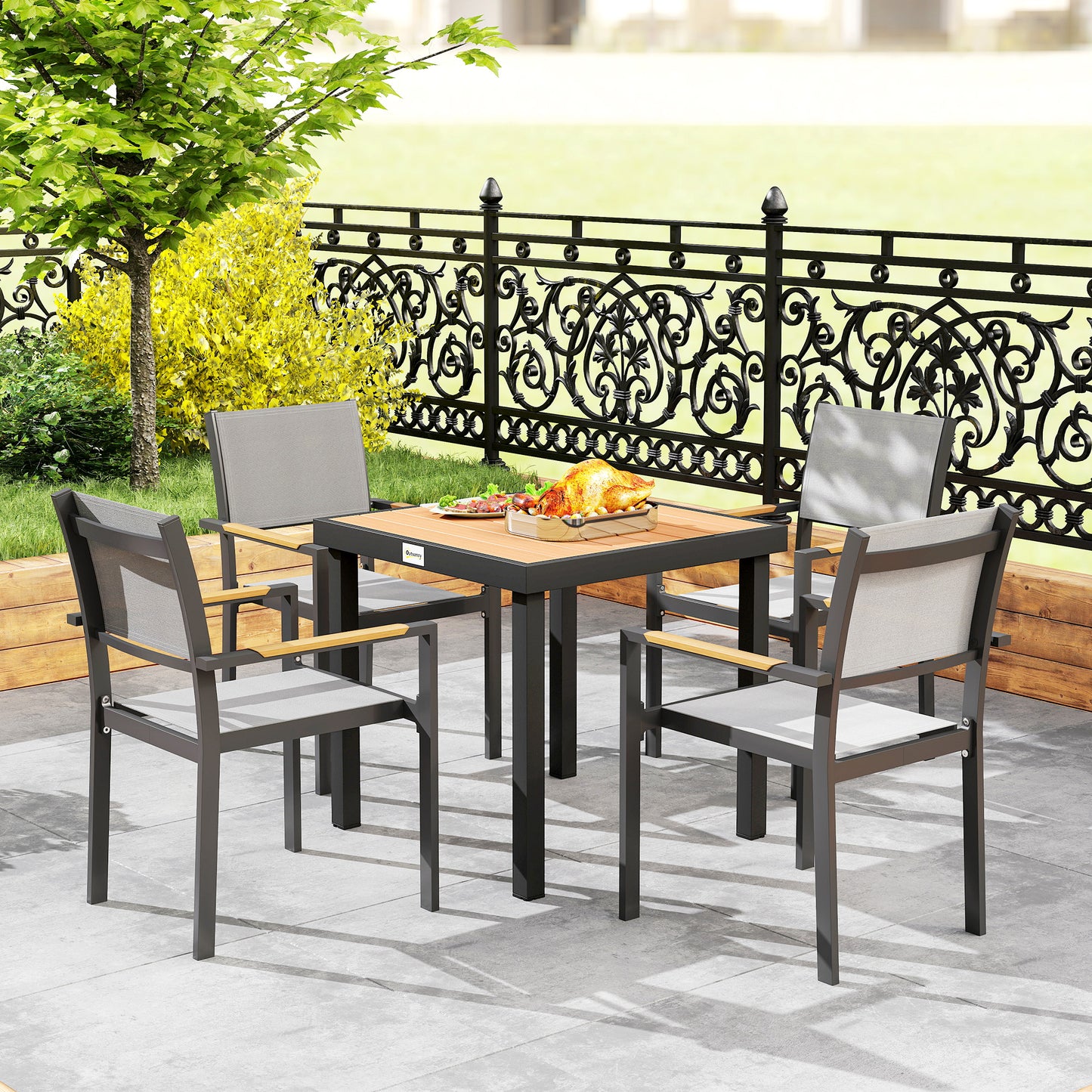 78 cm Garden Dining Table for 4 People, Square Outdoor Coffee End Side Table with Aluminium Legs, Natural Wood Finish