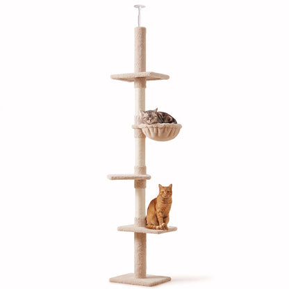 Floor to Ceiling Cat Tree 230-260cm Height Adjustable, 5-Tier Cat Tower with Scratching Posts, Hammock, Perches