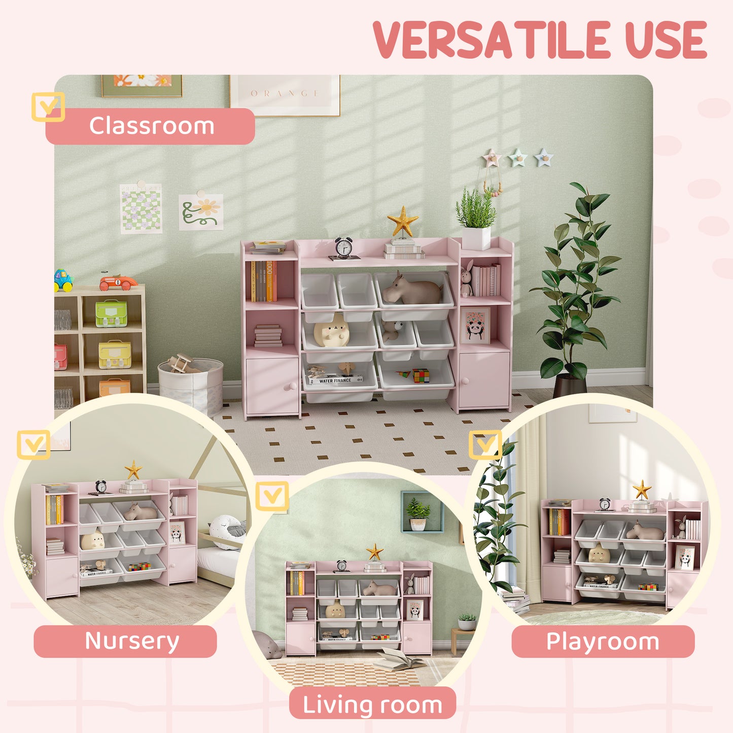 Kids Toy Organizers and Storage with 8 Removable Storage Bins and Bookshelf, Pink
