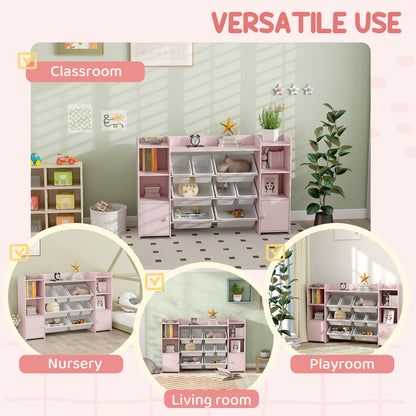 Kids Toy Organizers and Storage with 8 Removable Storage Bins and Bookshelf, Pink