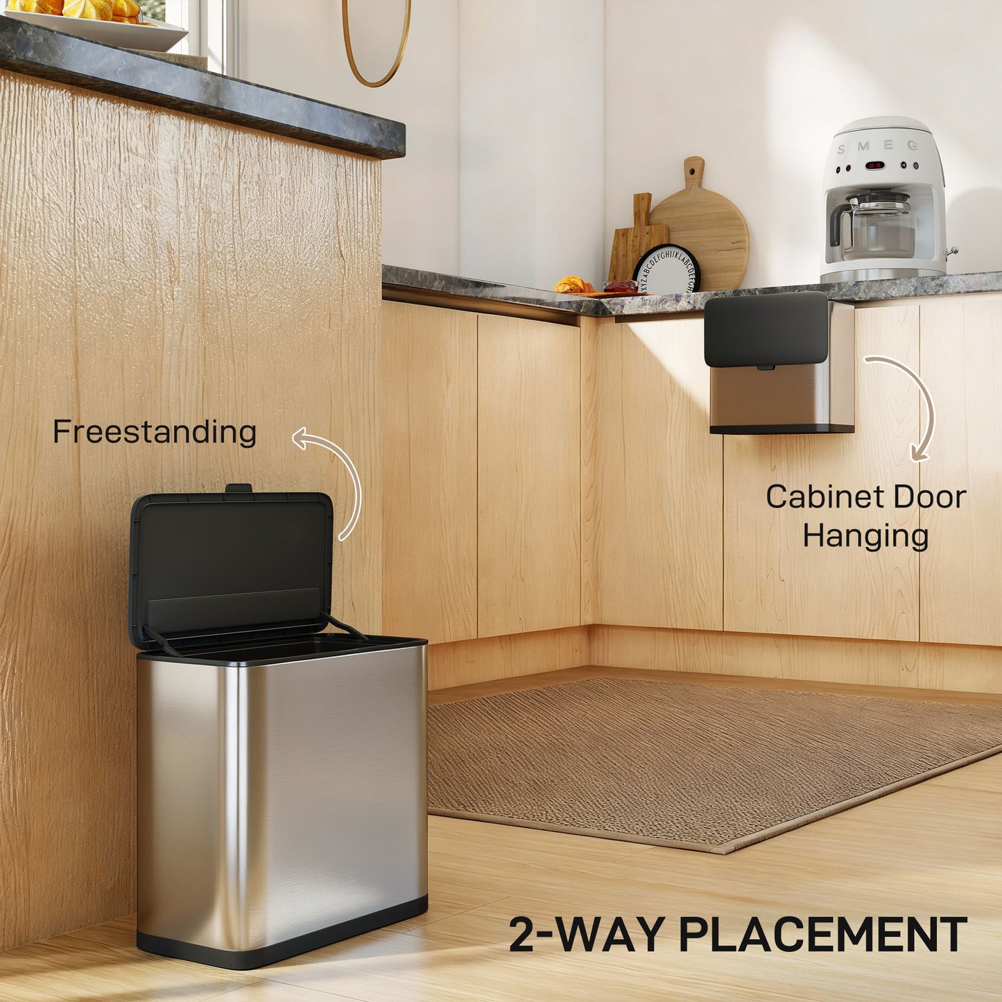 8L Hanging Kitchen Bin, Rubbish bin with Lid and Removable Inner Bucket for Under Cabinet Door, Under Sink, Office