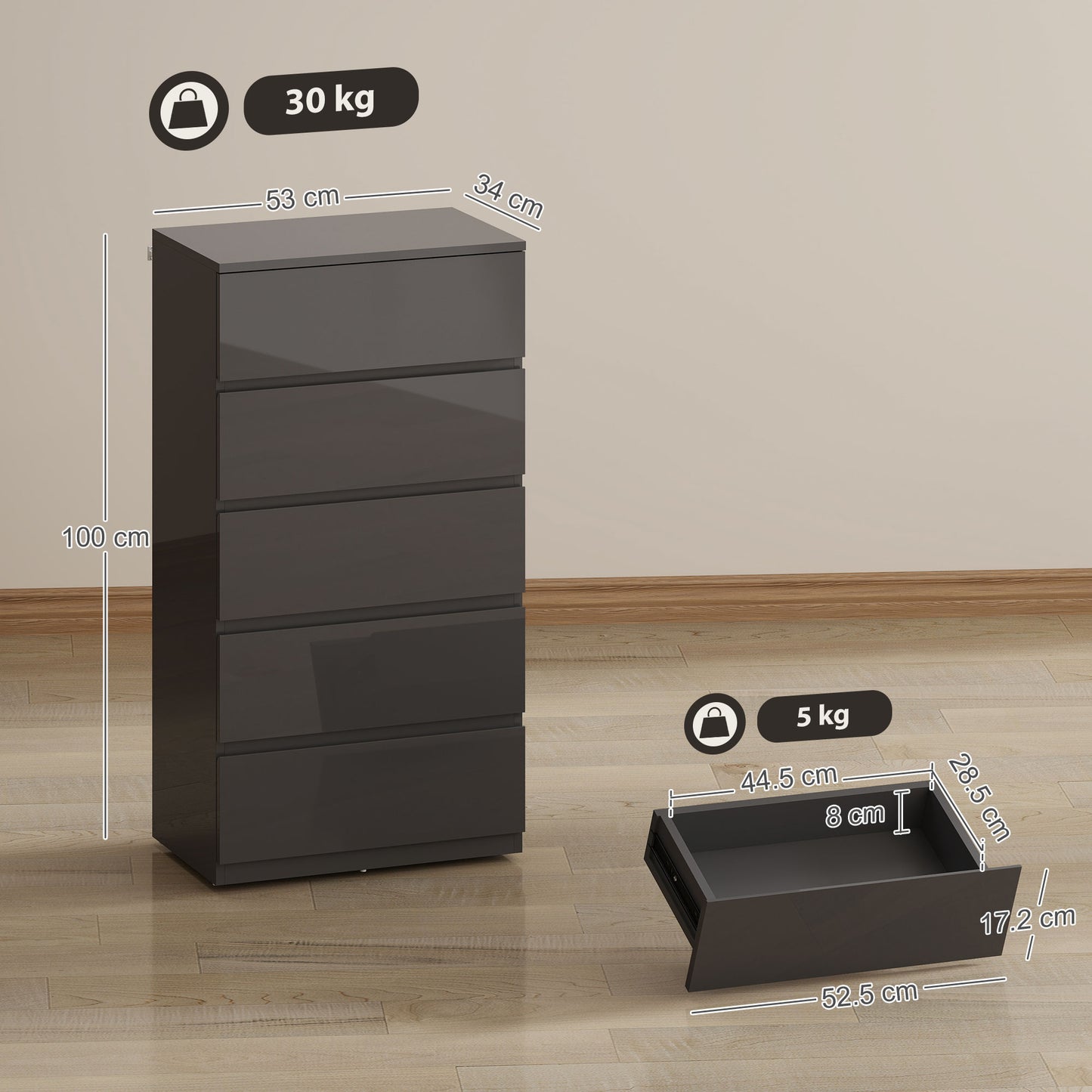 Chest of Drawers, 5-Drawer Storage Cabinets, Modern Dresser, Storage Drawer Unit for Bedroom