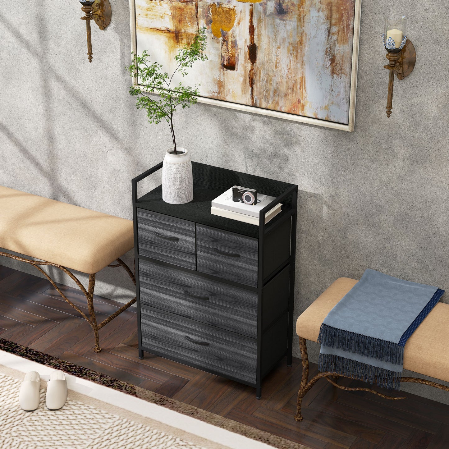 Rustic Chest of Four Fabric Drawers - Black
