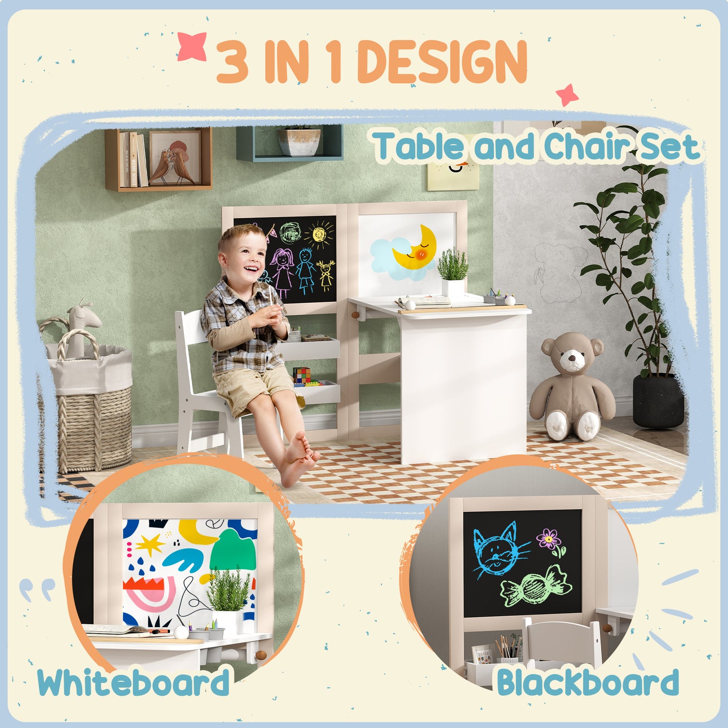 3 in 1 Kids Table and Chair Set with Storage, Whiteboard, Blackboard & Roll Paper for 3-8 Years, White