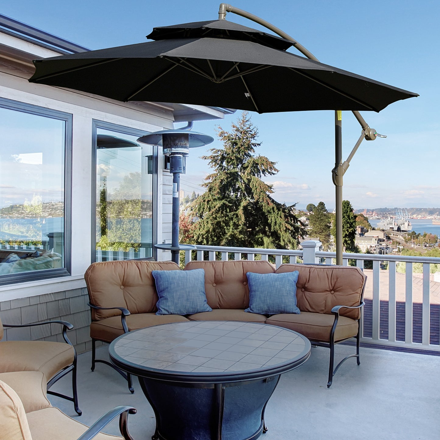2.7m Banana Parasol Cantilever Umbrella with Crank Handle, Double Tier Canopy and Cross Base for Outdoor, Hanging Sun Shade