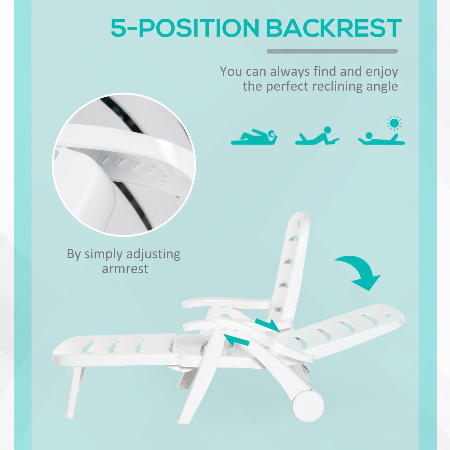 Outdoor Folding Sun Lounger Recliner on Wheels w/ 5-Position Backrest, White