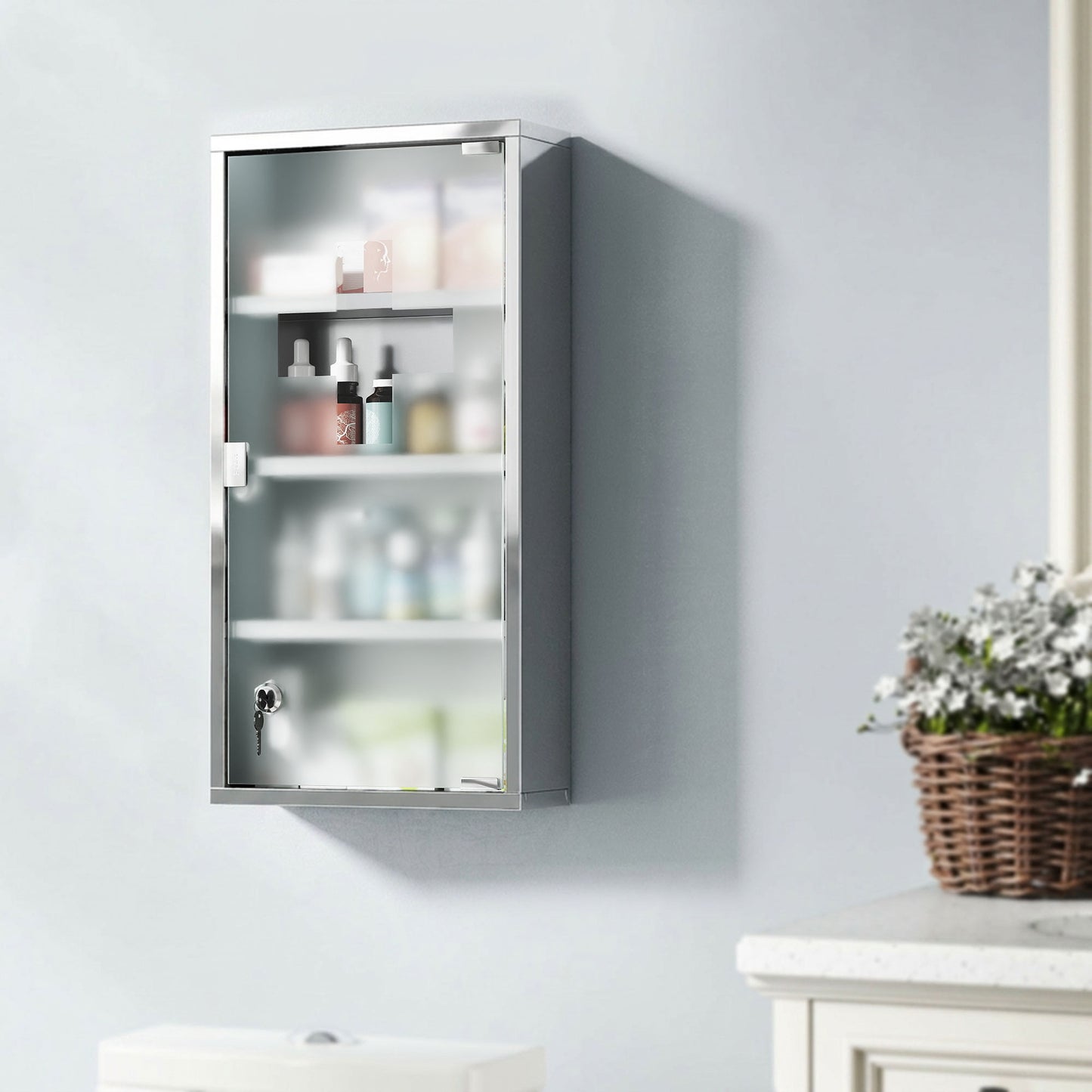 4 Tier Stainless Steel Wall Mounted Medicine Cabinet Glass Lockable Door Storage Shelves Houseware Bathroom Furniture 60Hx30W