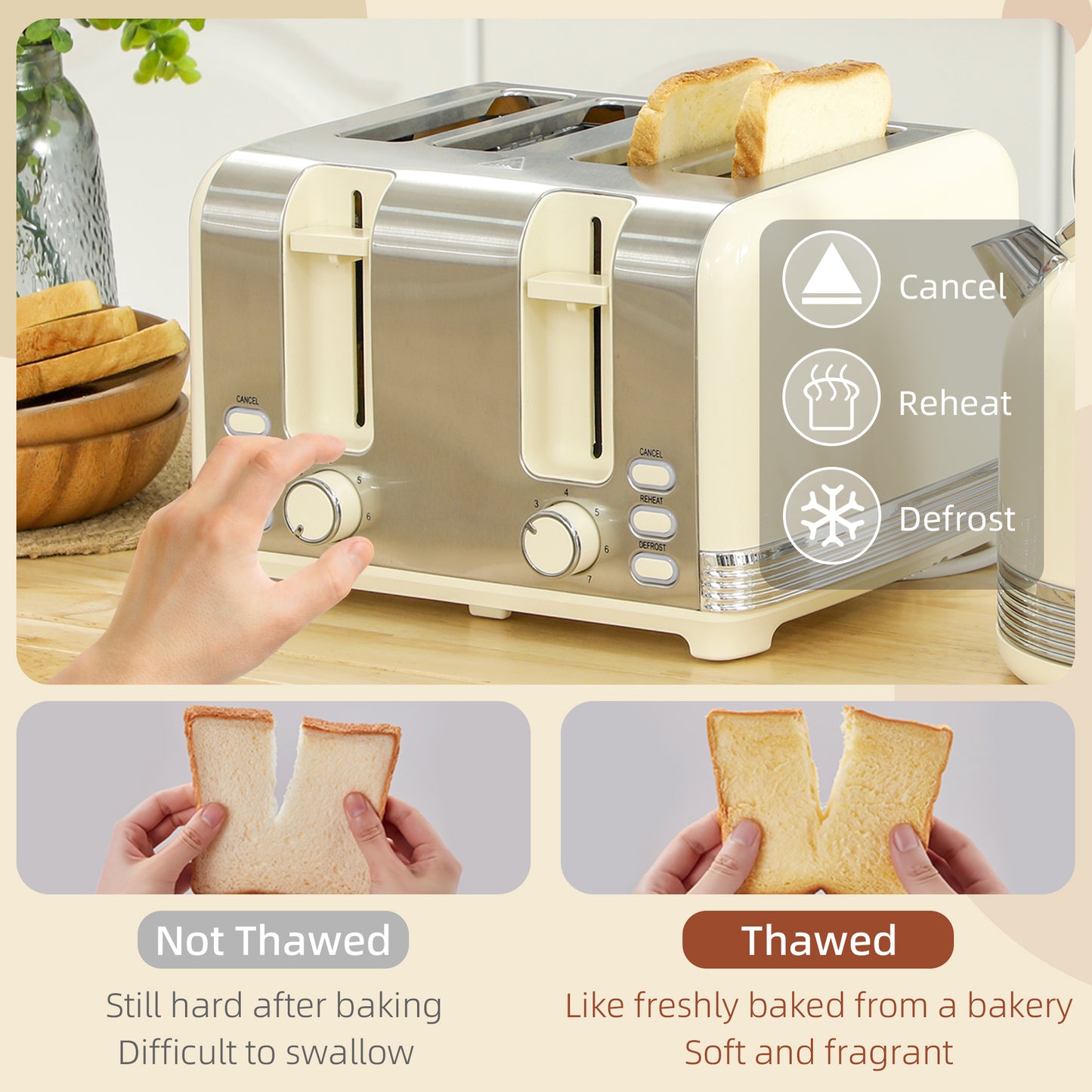 Polished Stainless Steel Kettle and Toaster Set - Cream
