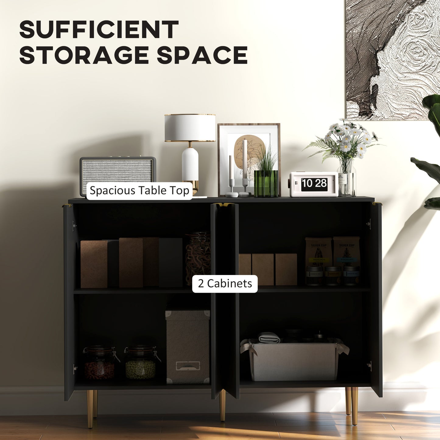 Sideboard Buffet Cabinet, Modern Kitchen Storage Cabinet with Adjustable Shelves and Metal Legs, Black