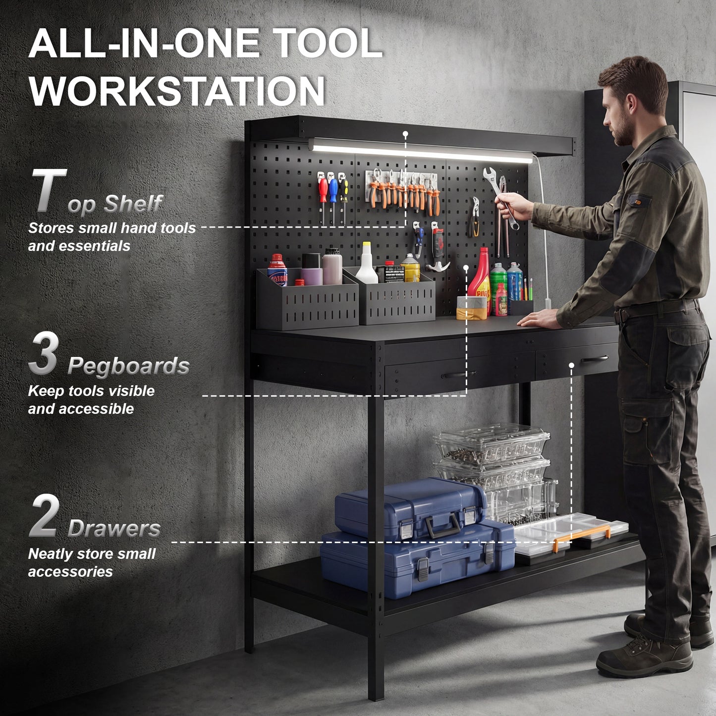 110 cm Workbench with Pegboard, Heavy Duty Work Table with Power Strip and LED Light, Black