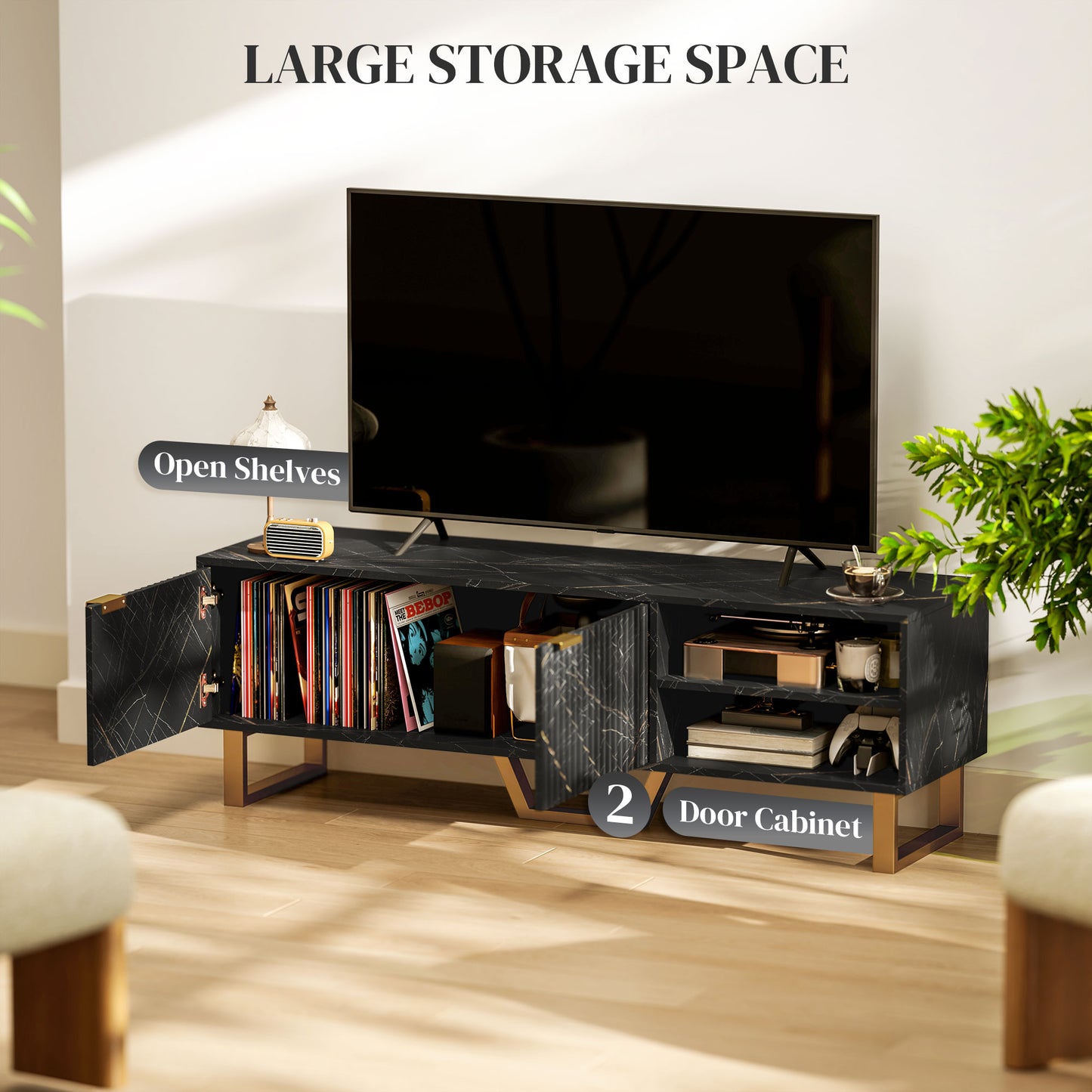 Marble Effect TV Unit, Modern TV Stand Cabinet for up to 70" TVs, with Shelves and Storage Cupboard, Fluted Door