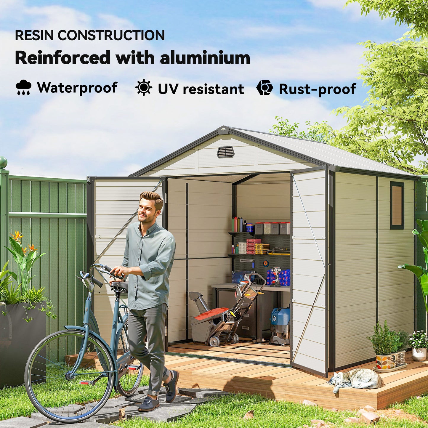 7.9ft x 6.2ft Recycled Garden Shed with Aluminium Frame and Plastic, Wall Shed with Foundation, Waterproof and Rustproof
