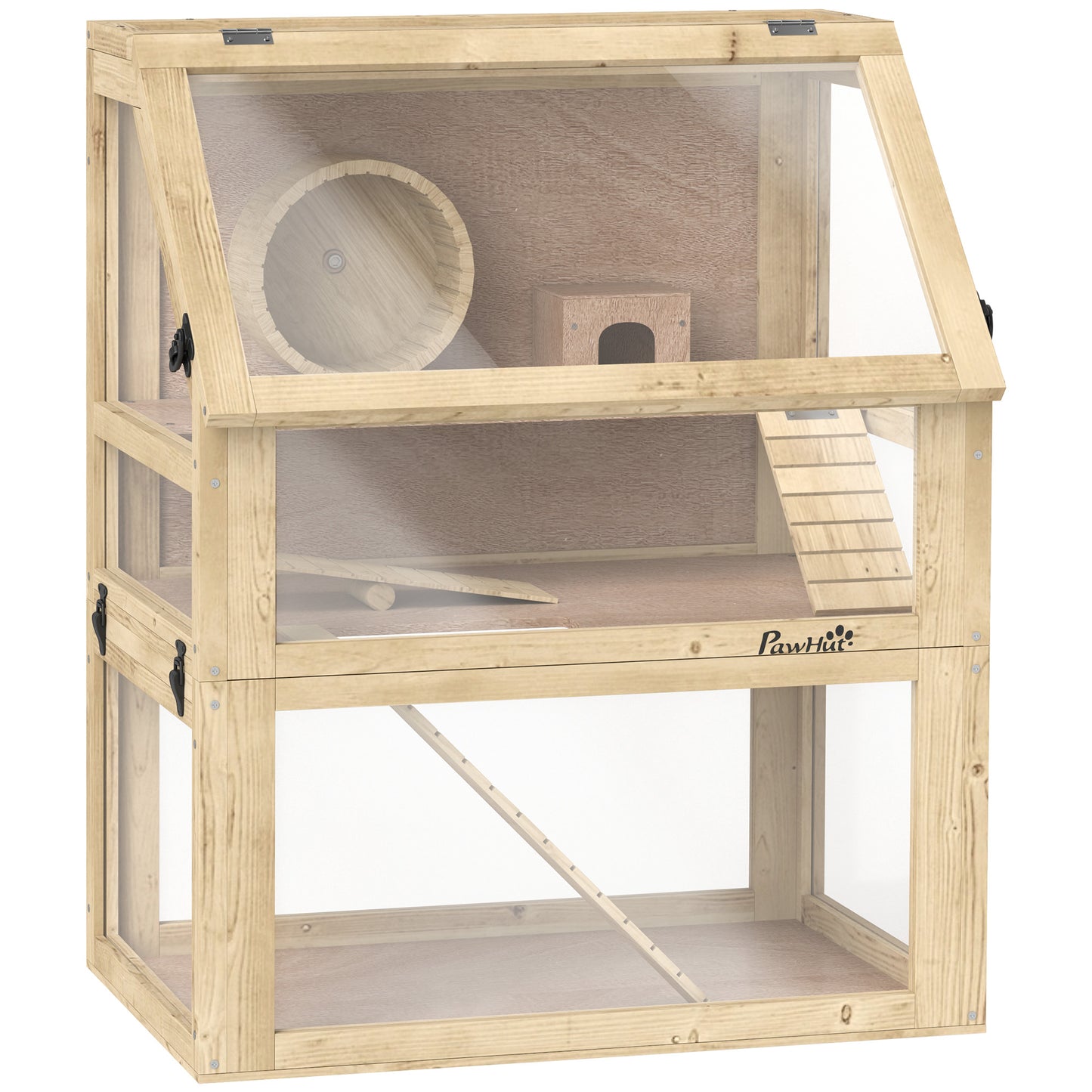 Wooden Hamster Cage with Detachable 32cm Deep Bottom, Hut, Seesaw, Exercise Wheel, Ramp, 60 x 40 x 75cm, Natural