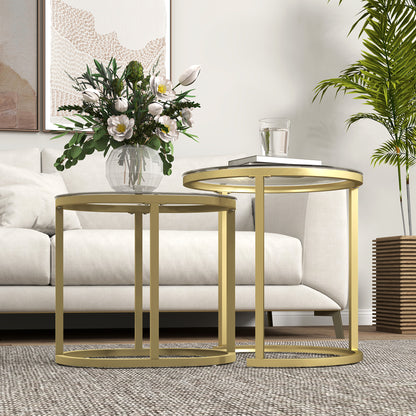 Nest of Tables with Steel Frame and Tempered Glass Tabletop, Modern Coffee Table Set of 2, Clear