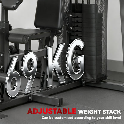 All-in-One Home Gym Machine, Multifunctional Power Cage with 69 kg Weight Stack and Pulley System, Black