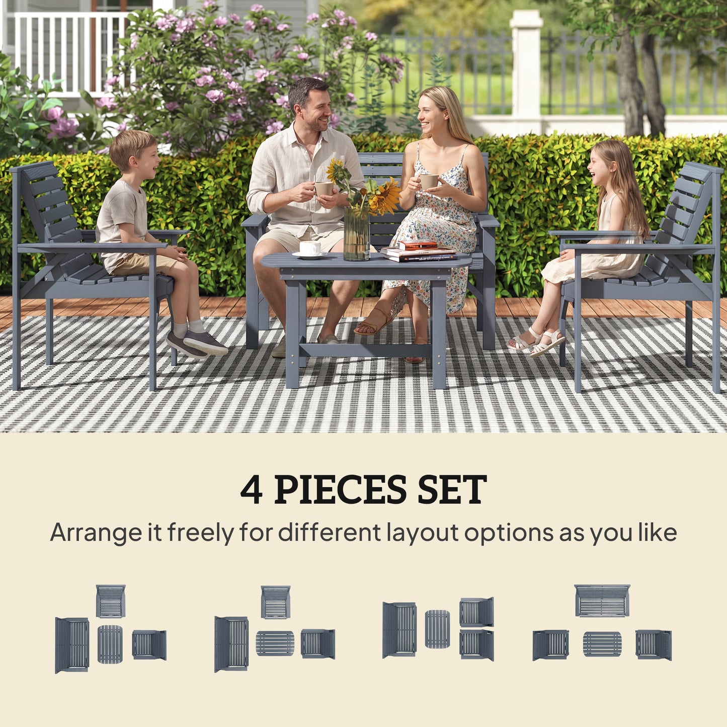 4 Piece Wooden Garden Furniture Set, Outdoor Garden Sofa Set with 2 Armchairs, Loveseat and Coffee Table, Grey