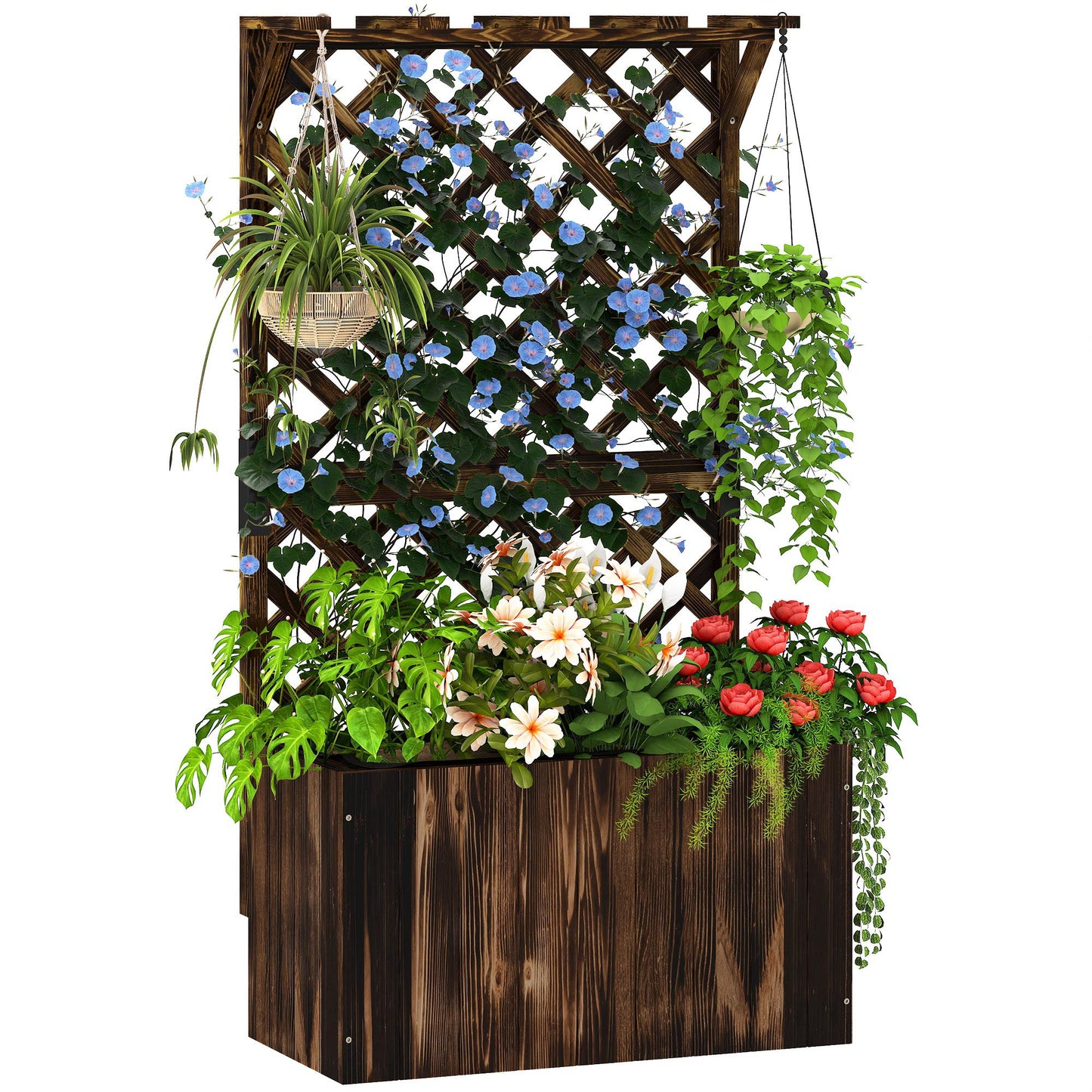 Wooden Planter with Trellis, Freestanding Raised Garden Bed with Drainage Holes