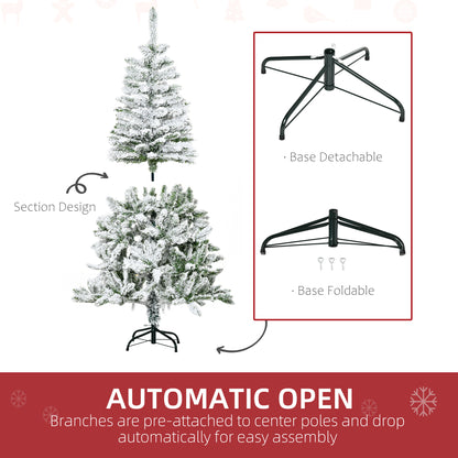 5 Ft Snow Flocked Artificial Christmas Tree Xmas Pine Tree with Realistic Branches, Auto Open and Steel Base, Green