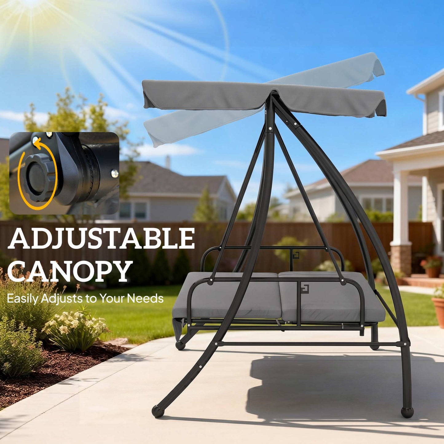 Outdoor 2-in-1 Swing Chair Lounger 3 Seater Garden Swing Seat Bed Convertible Tilt Canopy W/ Cushion, Light Grey