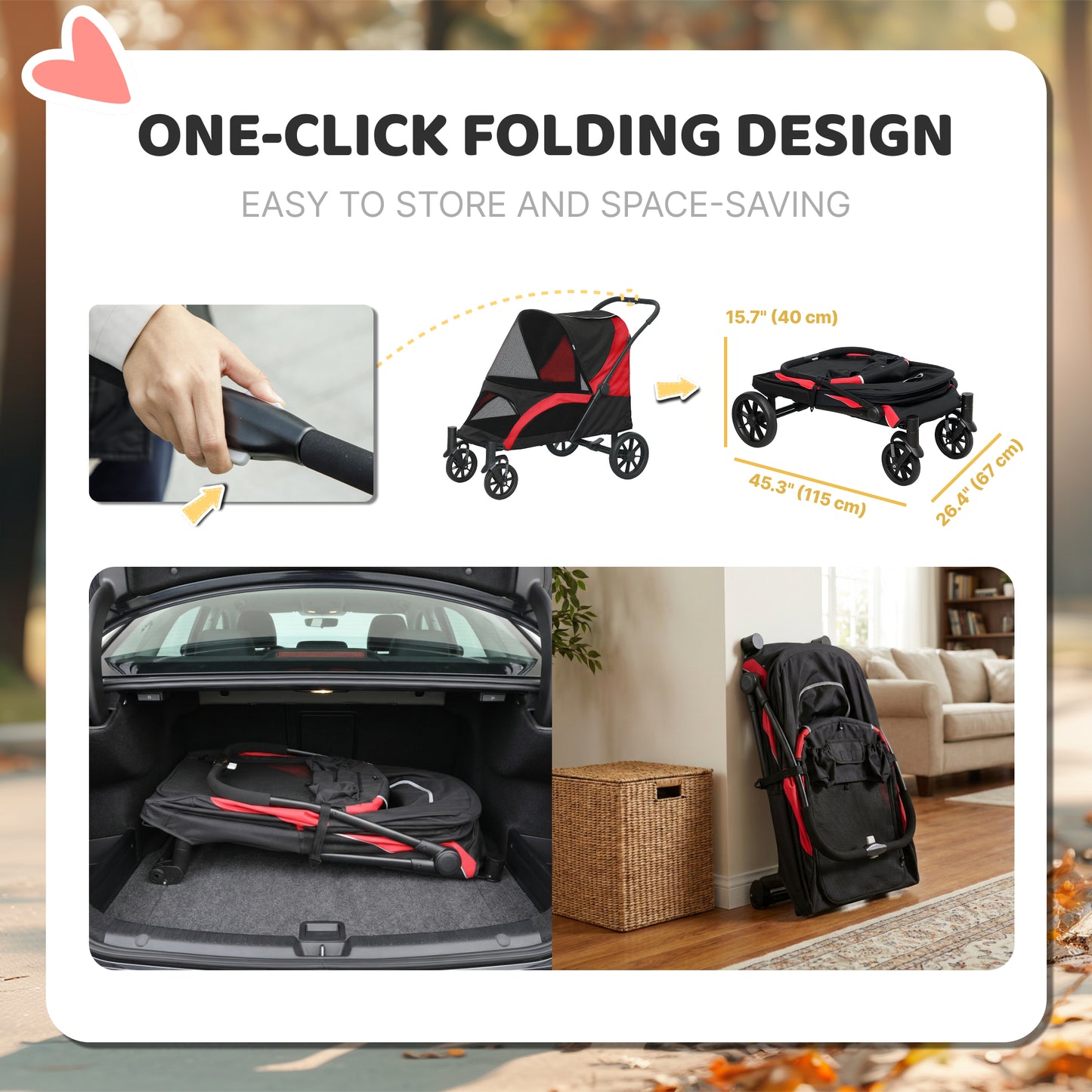 Foldable Pet Stroller for Large Dogs with Four Big Wheels, Shock-Absorbing Frame, Safety Leashes, Brakes, Red/Black