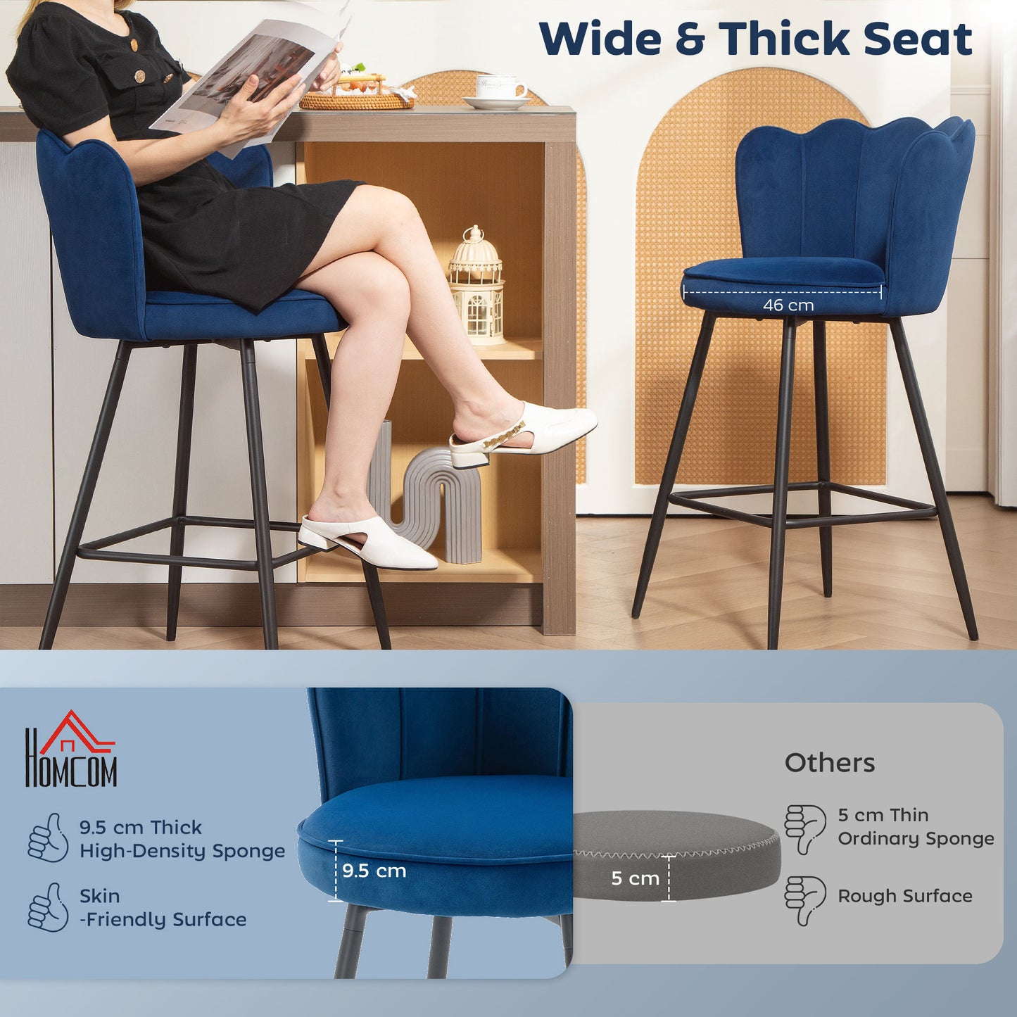 Set of Two Velvet-Feel Lotus Bar Stools - Dark Blue