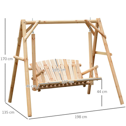 2 Seater Wooden Garden Swing Chair, Larch Wood Porch Swing Seat Bench Lounger for Outdoor Patio Garden, 300kg Capacity