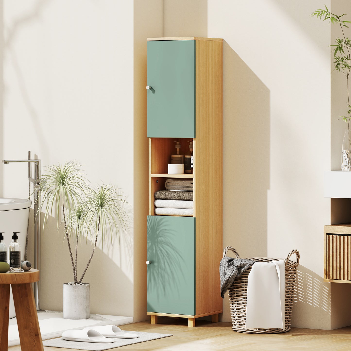 Bathroom Cabinet with Adjustable Shelves and Open Shelves - Green