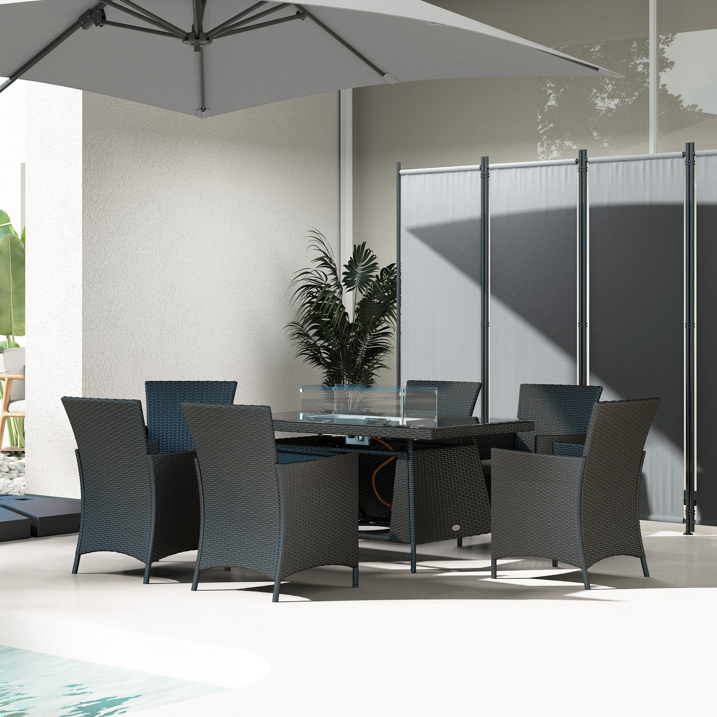 7 Pieces Outdoor Rattan Garden Furniture with Fire Pit Table, 6 Seater Garden Table and Chairs with Cushions