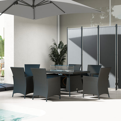 7 Pieces Outdoor Rattan Garden Furniture with Fire Pit Table, 6 Seater Garden Table and Chairs with Cushions