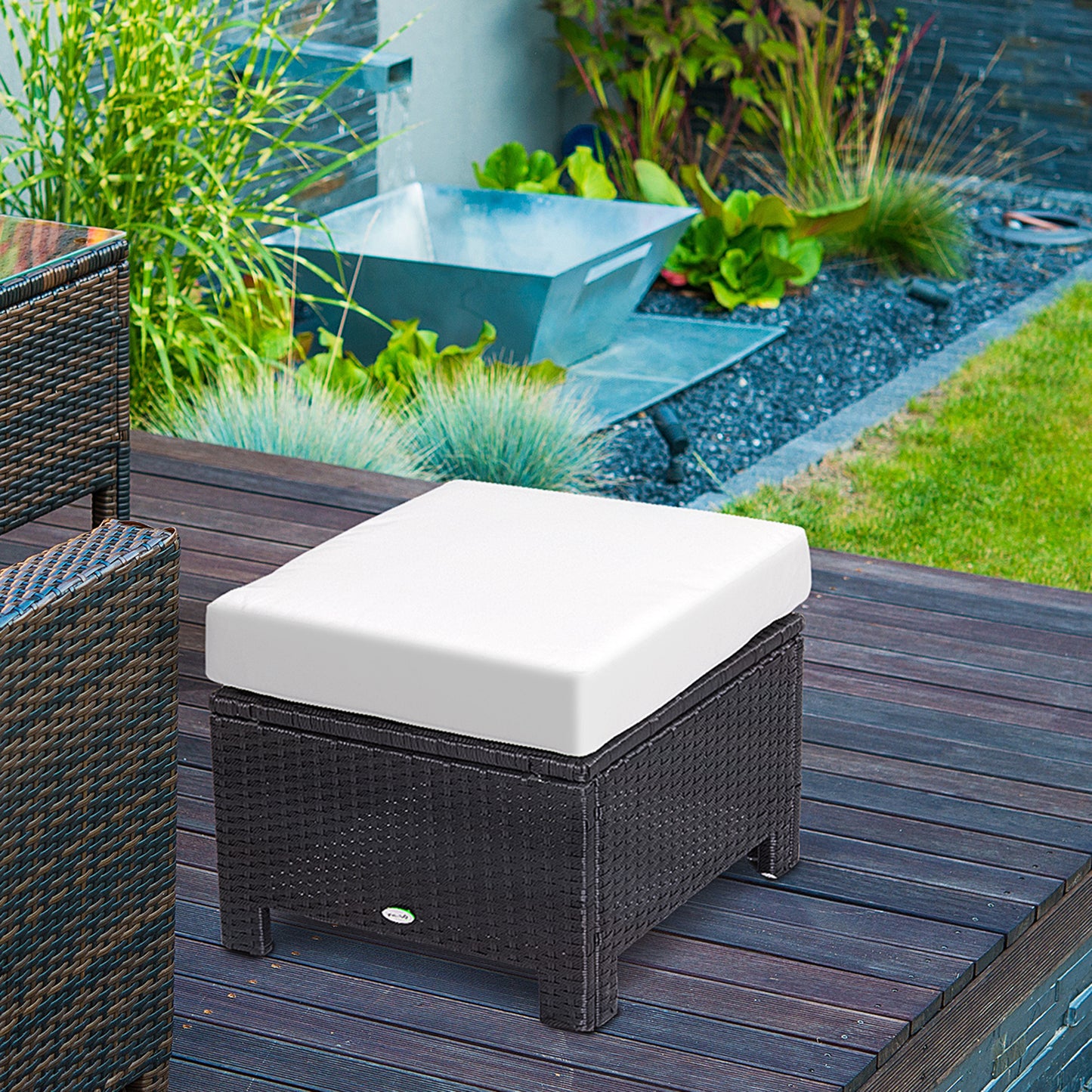 Rattan Footstool Wicker Ottoman with Padded Seat Cushion Outdoor Patio Furniture for Garden Poolside Living Room