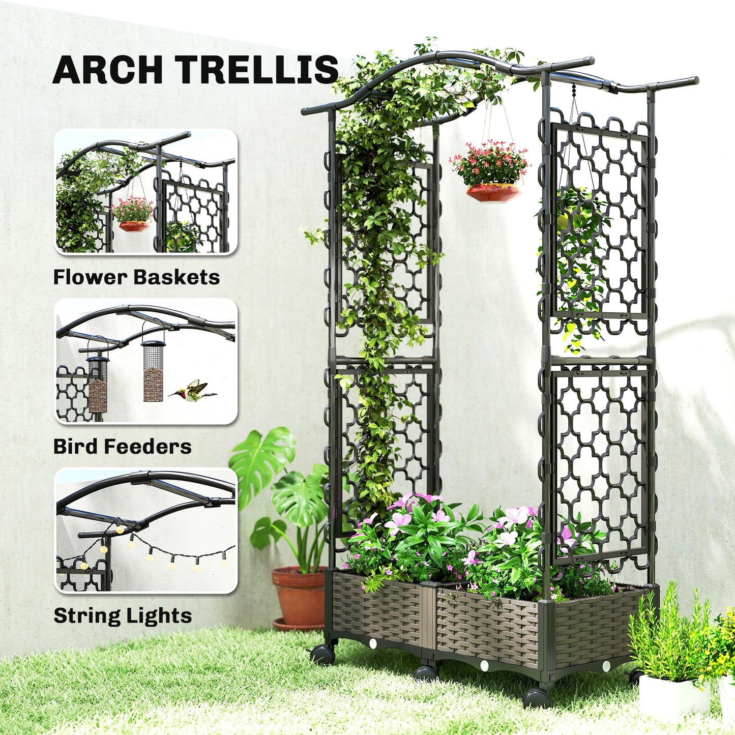 Raised Garden Bed with Arch Trellis, Raised Bed for Garden on Wheels with Side Trellis, Self Watering Planter Box