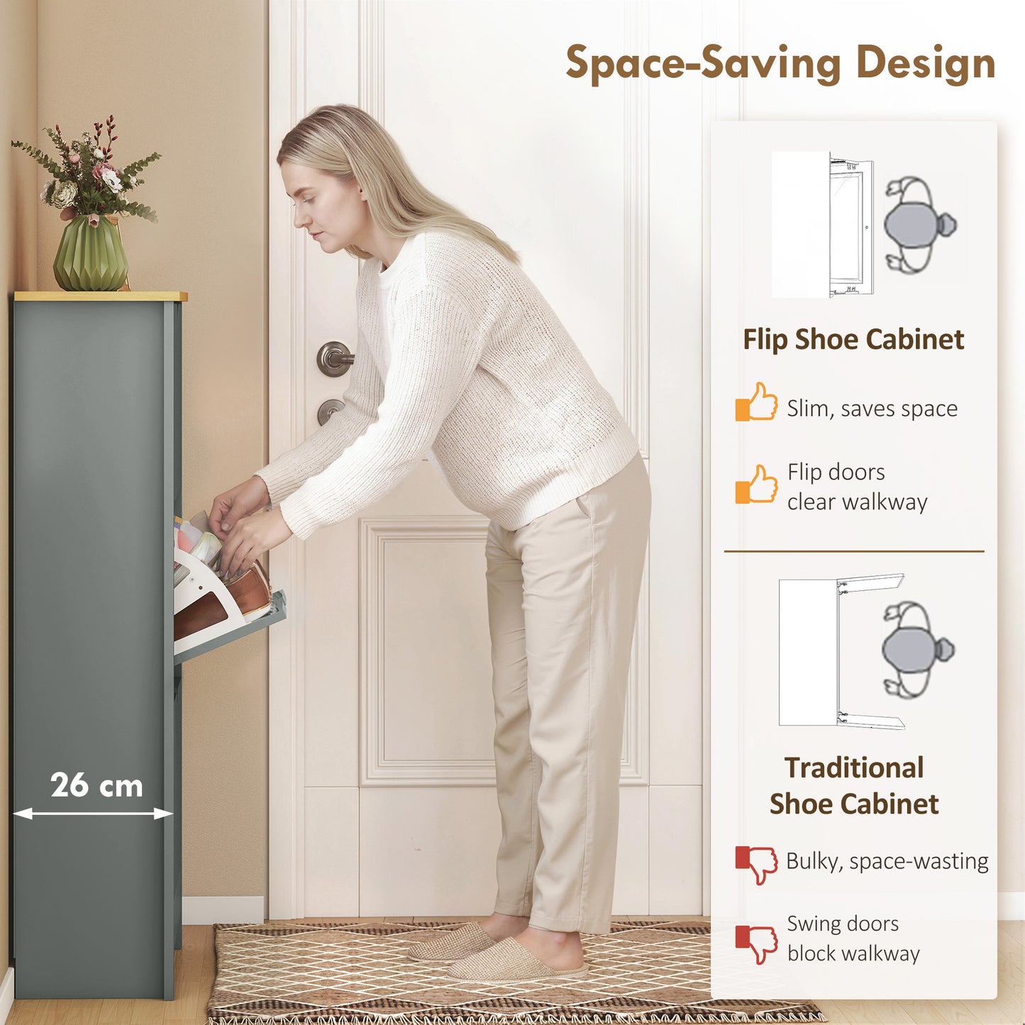 Slim Shoe Cabinet, Narrow Shoe Cupboard with 3 Flip Drawers, Adjustable Shelves for 18 Pairs of Shoes, Light Grey