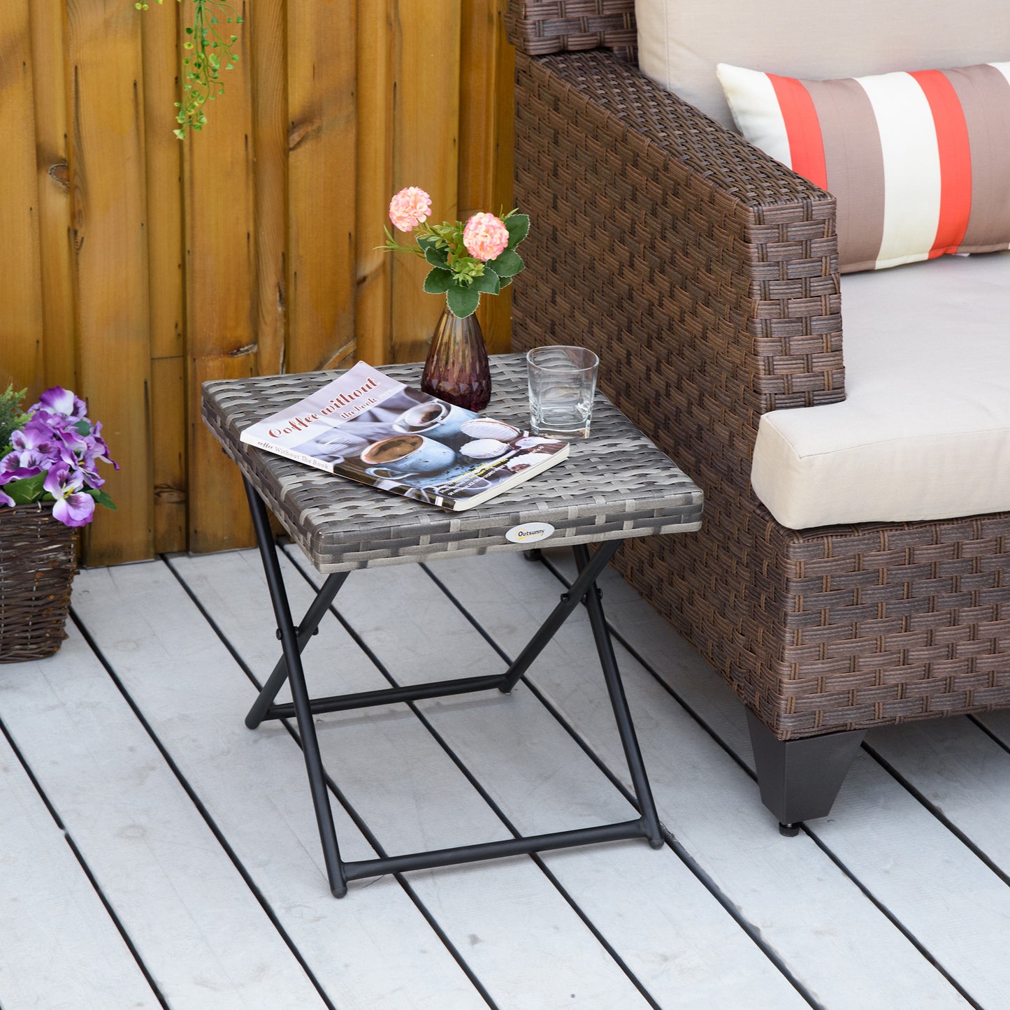 Square PE Wicker Rattan Folding Table,Weather Resistant Wicker Weave Side Table with Steel Frame, Grey