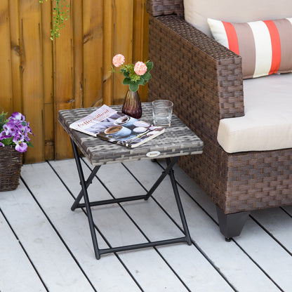 Square PE Wicker Rattan Folding Table,Weather Resistant Wicker Weave Side Table with Steel Frame, Grey