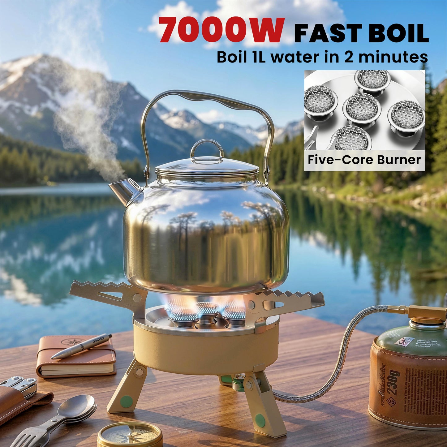 7000W Camping Stove with Piezo Ignition, High Power Gas Stove with 50kg Capacity and Carry Bag for Outdoor Hiking Khaki