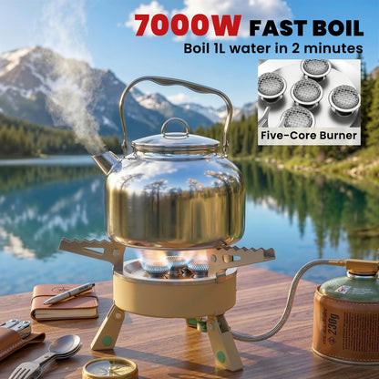 7000W Camping Stove with Piezo Ignition, High Power Gas Stove with 50kg Capacity and Carry Bag for Outdoor Hiking Khaki
