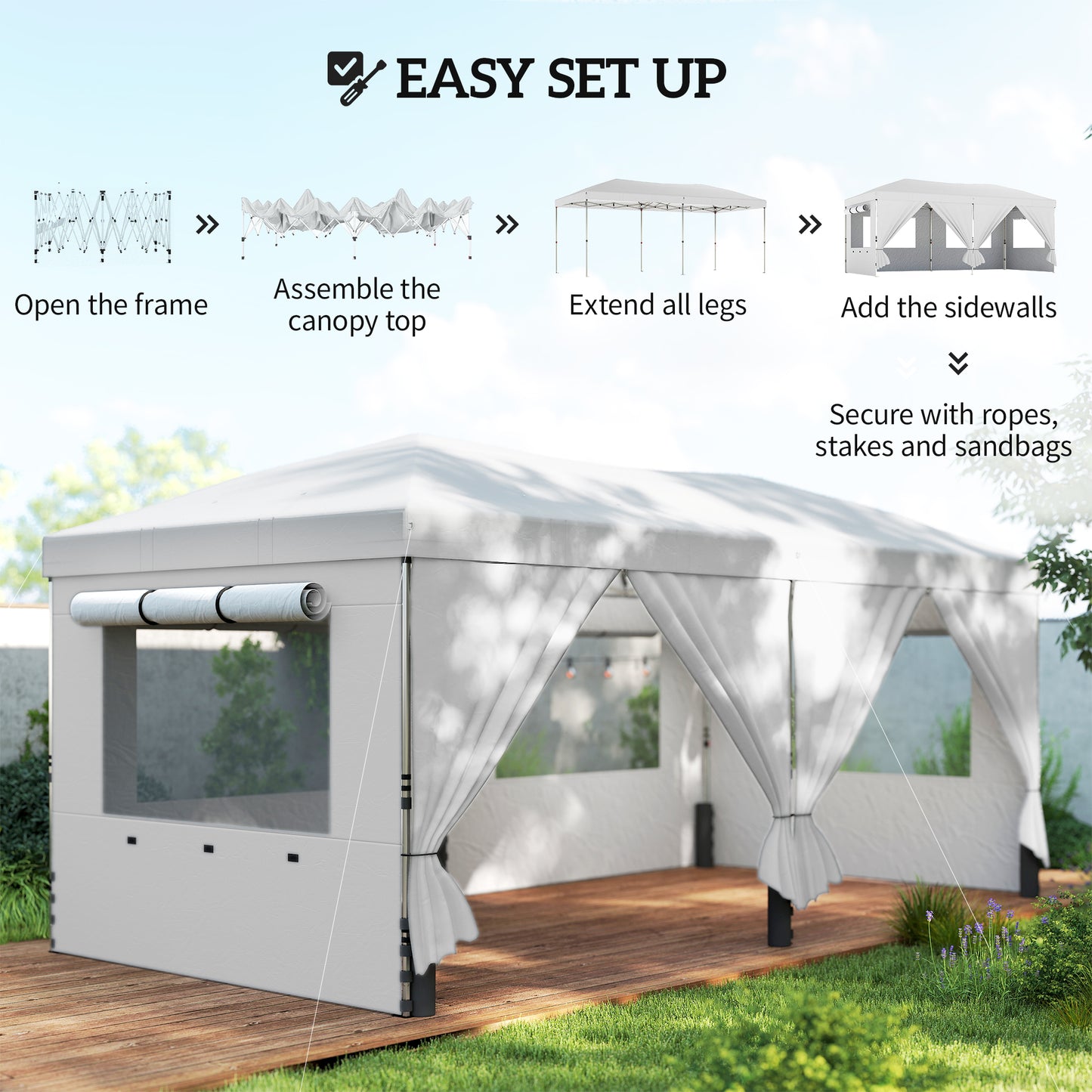3 x 6 m Pop Up Canopy with UV50+ Protection Garden Gazebo with 6 Sidewalls, White