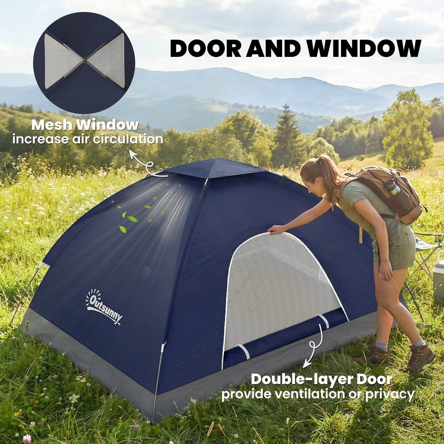2 Person Camping Tent, Dome Tent with Zipped Doors, Storage Pocket, Portable Handy Bag, Navy Blue