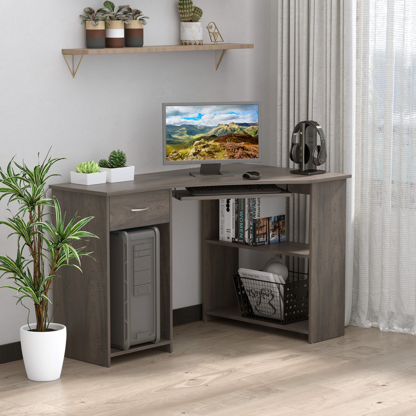 L-Shaped Corner Computer Desk w/ 2 Shelves Wide Worktop Keyboard Tray Drawer & CPU Stand Home Office Study Bedroom Furniture