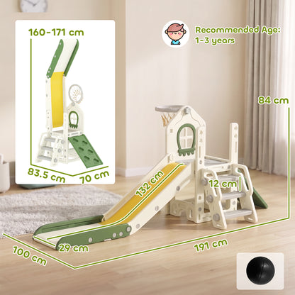 Foldable 5 in 1 Toddler Slide with Ladder, Climbing Wall, Basketball Hoop, Storage and Basketball for 1-3 Years, Cream