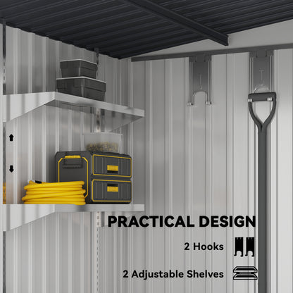 7 x 5ft Galvanised Metal Shed, with Sliding Door, two hooks and adjustable shelves - White