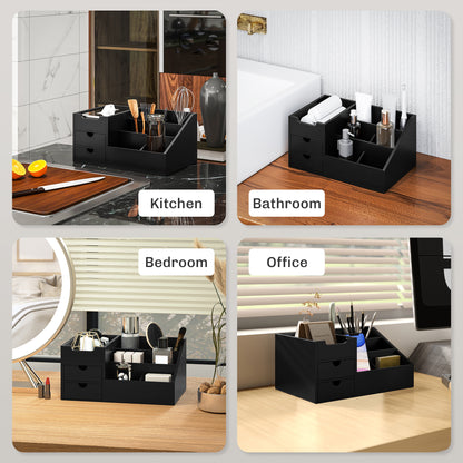 Desk Organiser Holder, Bamboo Multi-Function Storage Caddy with 7 Storage Compartments and 2 Drawers for Home Office Stationa