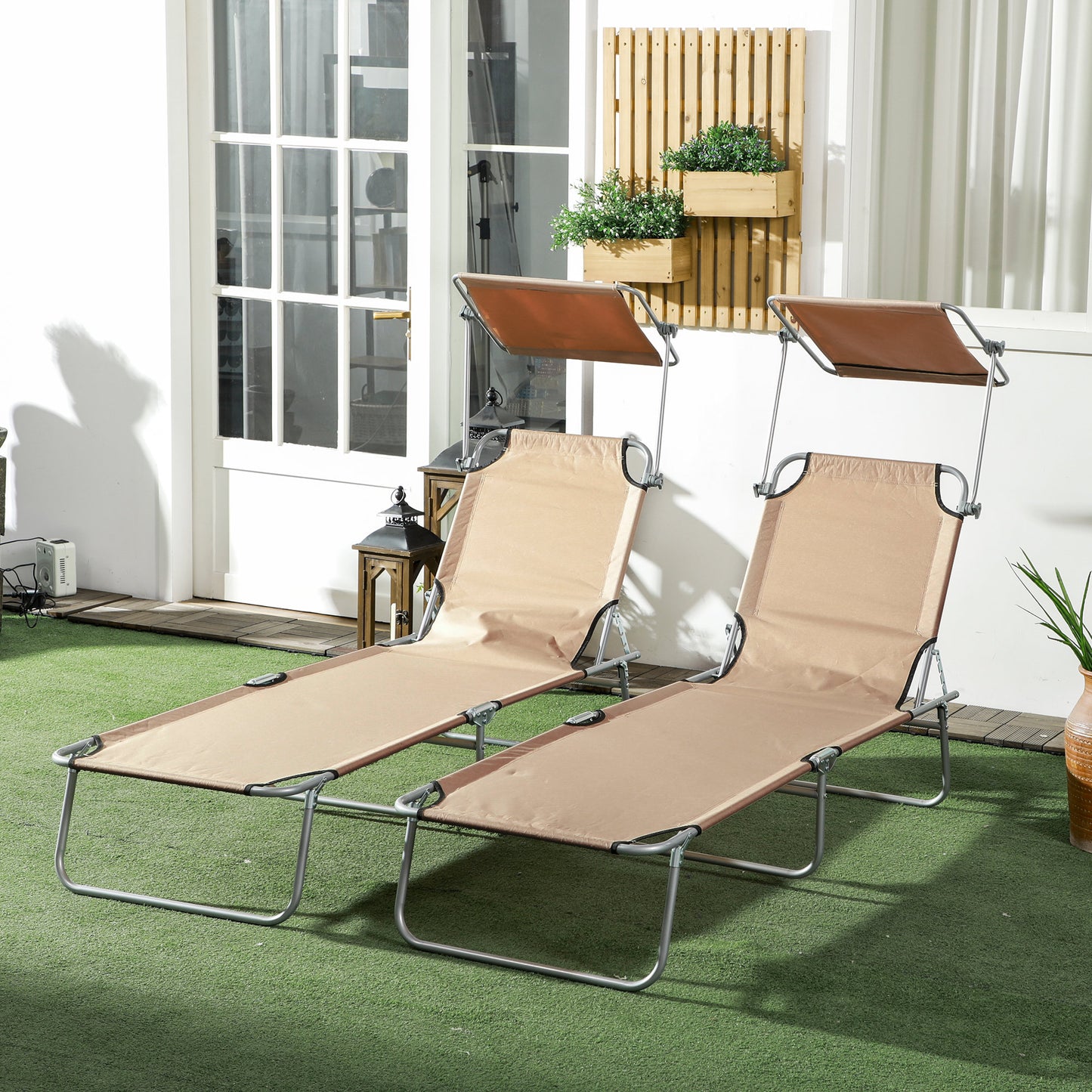 Folding Sun Lounger Set of 2 with Canopy, Reclining Sunbed with 4-Position Adjustable Backrest, 600D Oxford Cloth