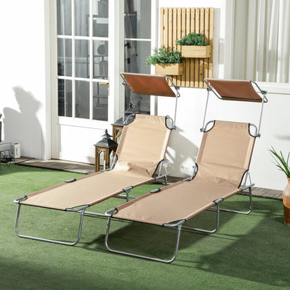Folding Sun Lounger Set of 2 with Canopy, Reclining Sunbed with 4-Position Adjustable Backrest, 600D Oxford Cloth