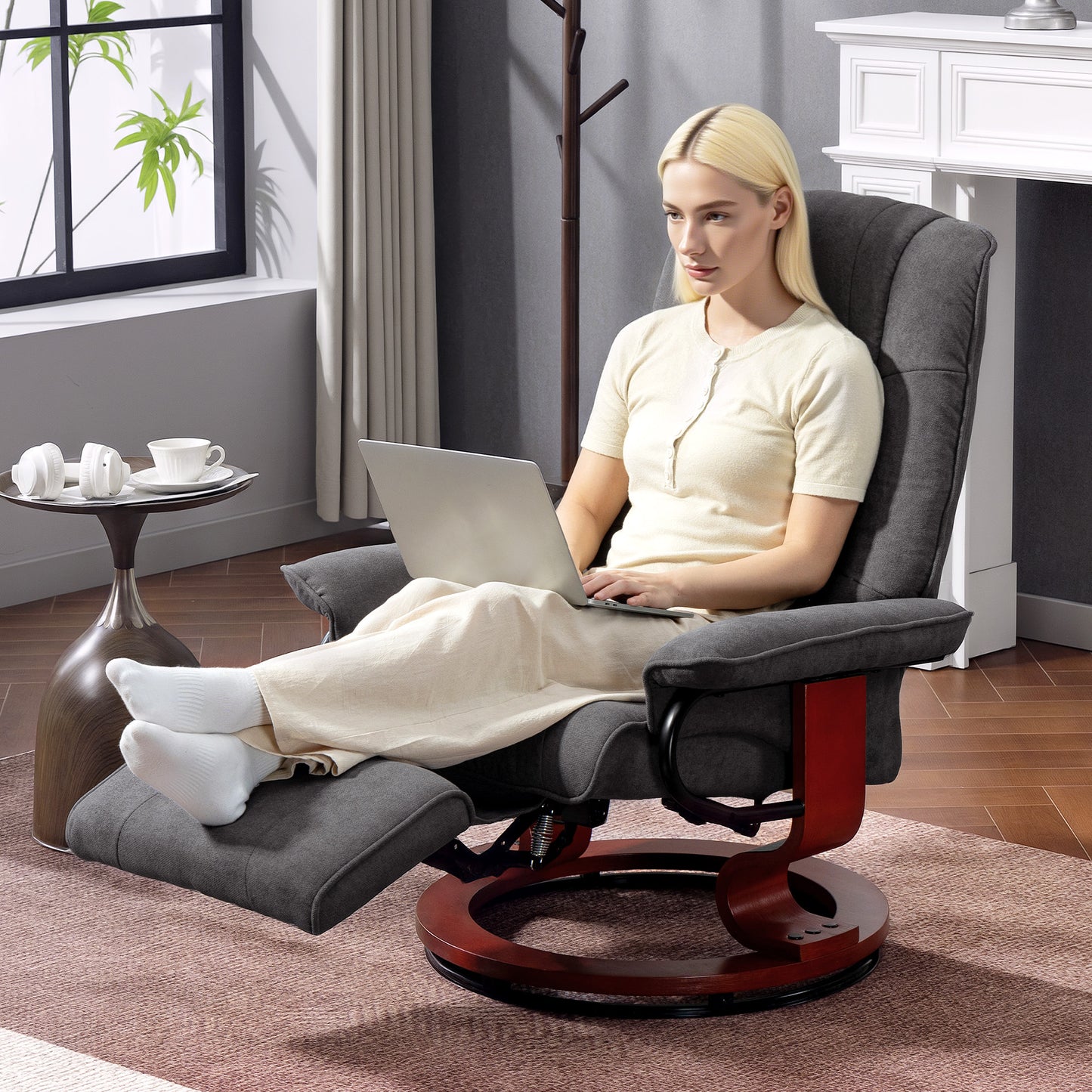 Reclining Swivel Chair, with Footrest - Grey
