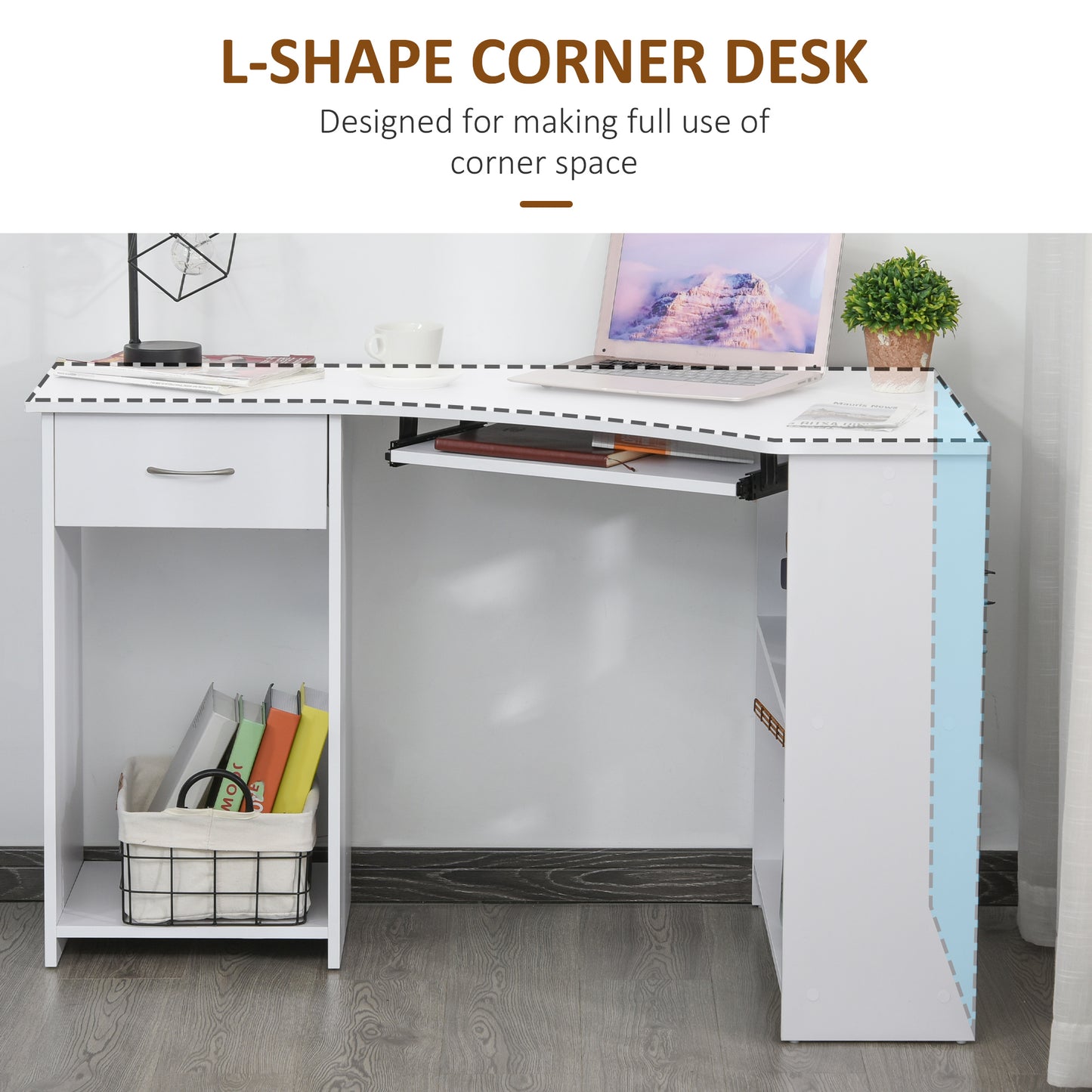 L-Shaped Corner Computer Desk w/ 2 Shelves Wide Worktop Keyboard Tray Drawer & CPU Stand Home Office Study Bedroom Furniture