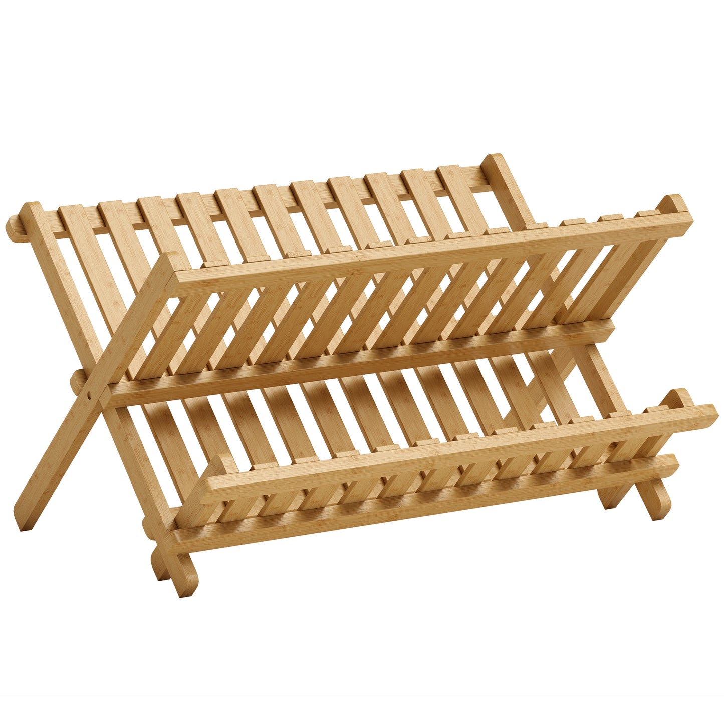 Kitchen Storage Unit, 2-Tier Foldable Kitchen Storage Rack with Slatted Draining Shelves, Natural Wood Finish